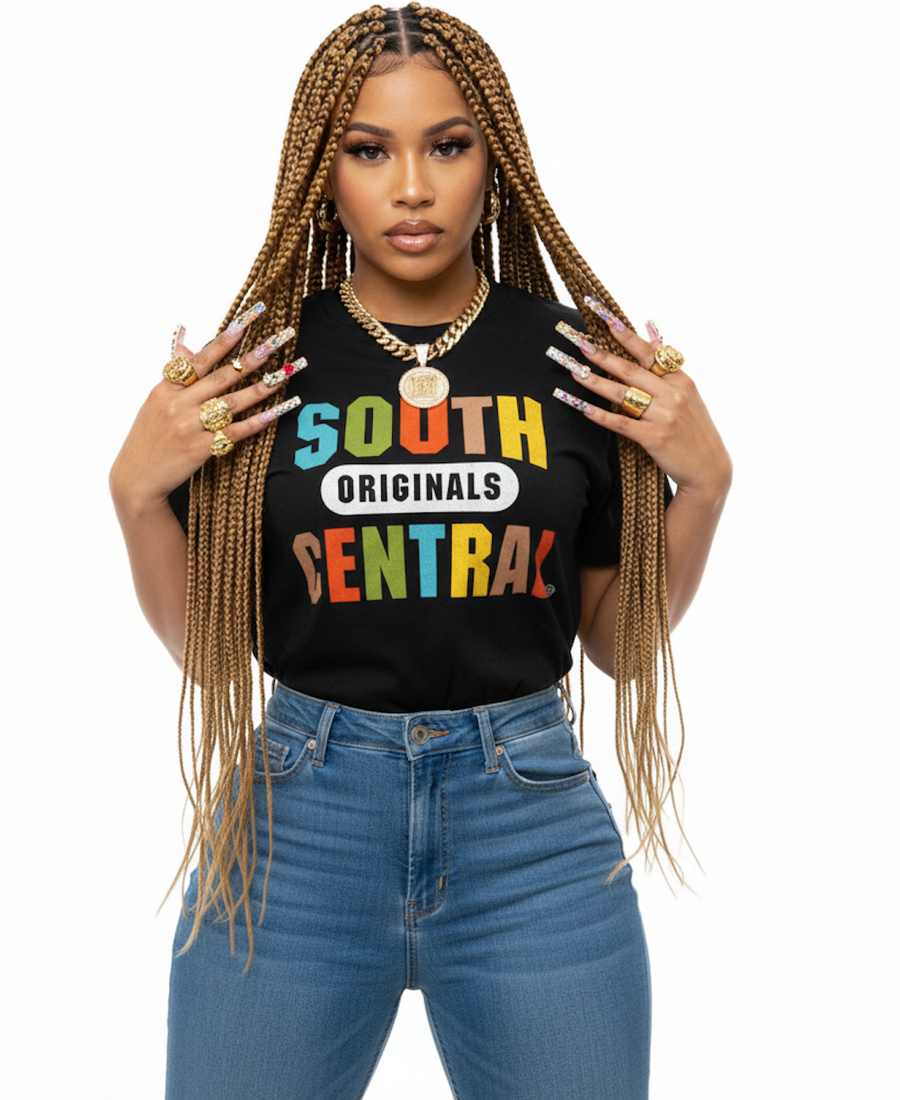 Model wearing a black South Central Originals Multi-Color Logo Tee